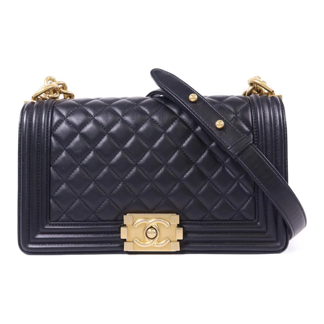 Chanel Boy 25 Black Lambskin Shoulder Bag with Gold CC Hardware