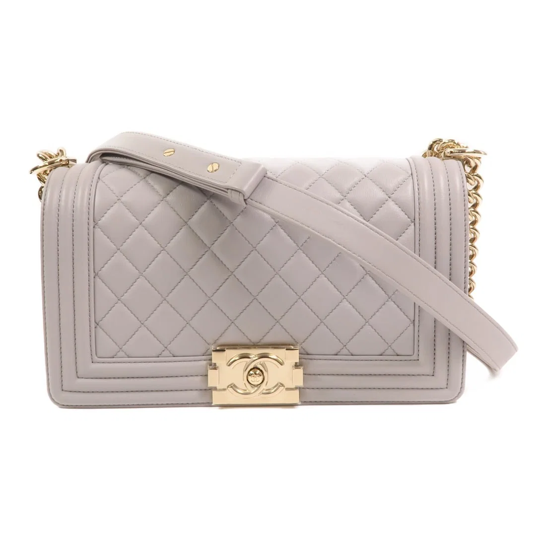 Chanel Boy 25 Grey Lambskin Shoulder Bag with Gold Tone CC Hardware