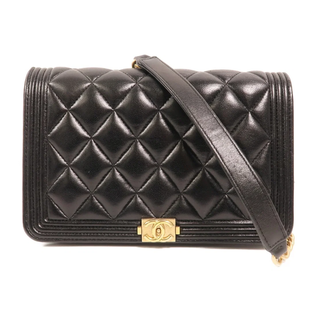 Chanel Boy Black Lambskin Wallet On Chain Shoulder Bag with Gold Hardware
