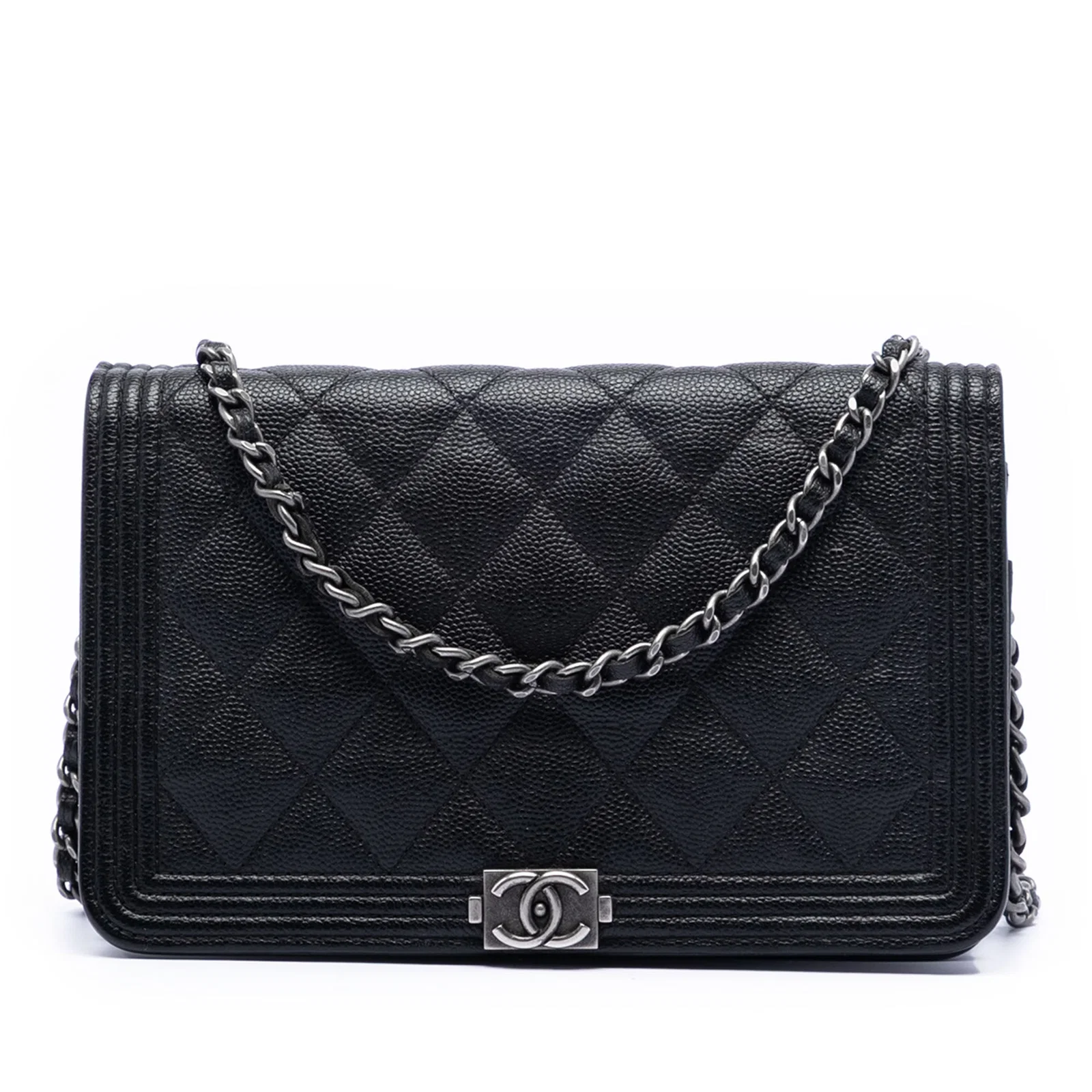 Chanel Boy Black Quilted Caviar Leather Wallet on Chain Bag