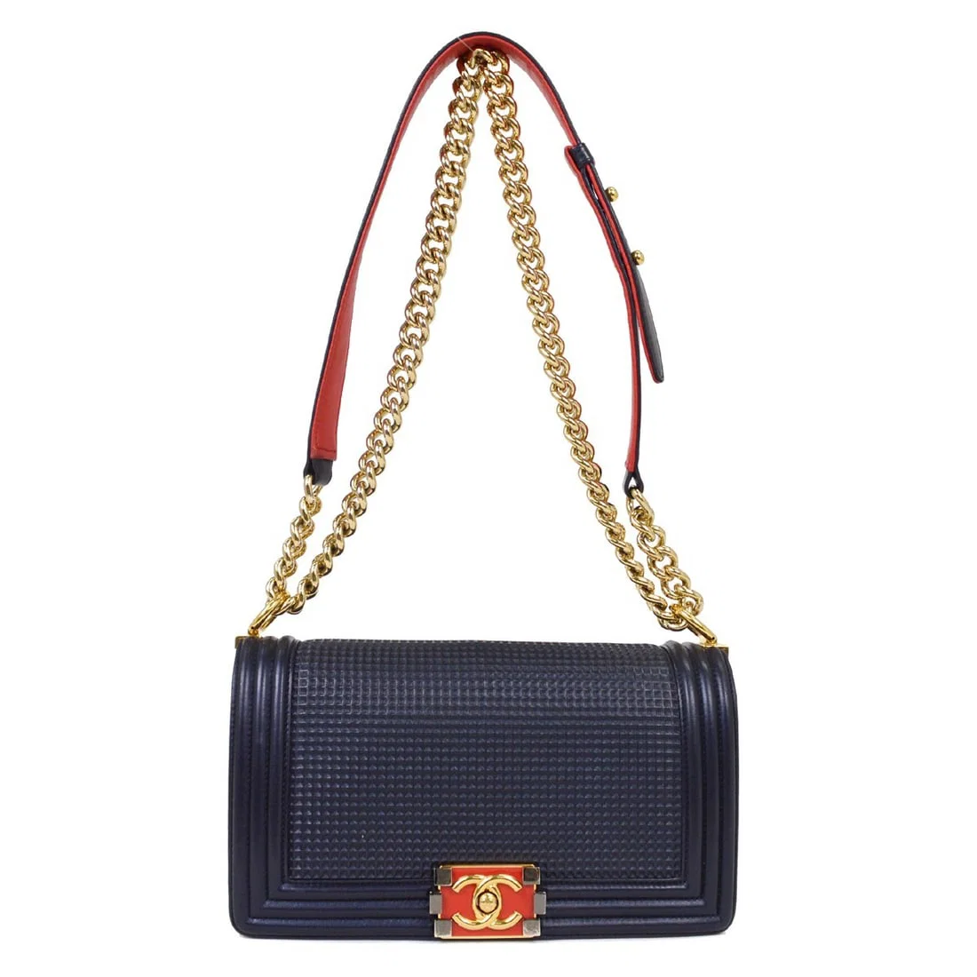 Chanel Boy Navy Lambskin Medium Shoulder Bag with Chain Strap