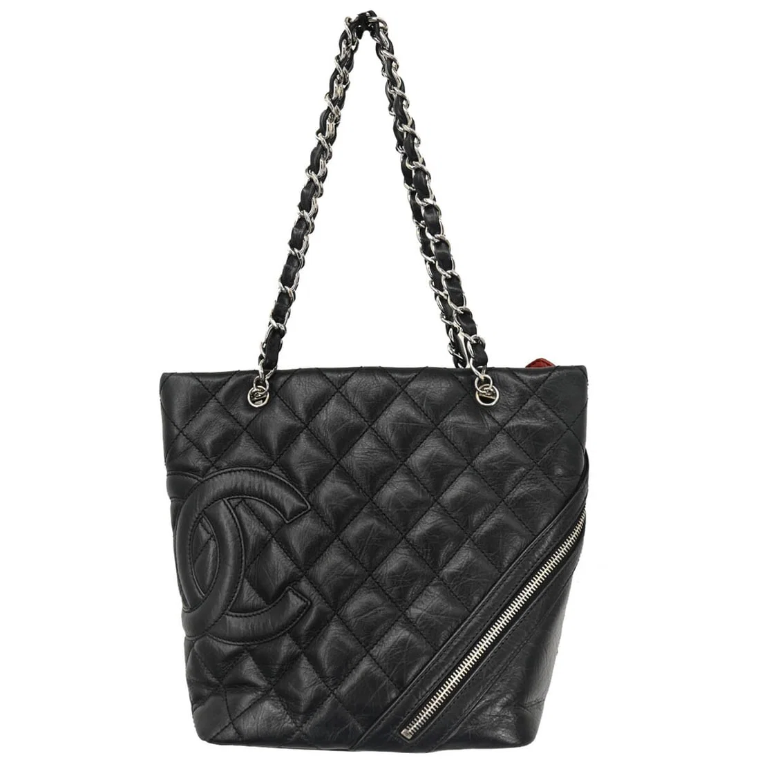 Chanel Cambon Ligne Black Calfskin Tote Handbag with Quilted Design