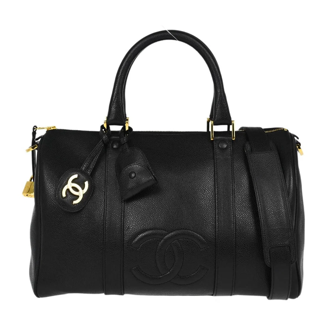 Chanel Caviar Leather Black Duffle Handbag with Gold Hardware