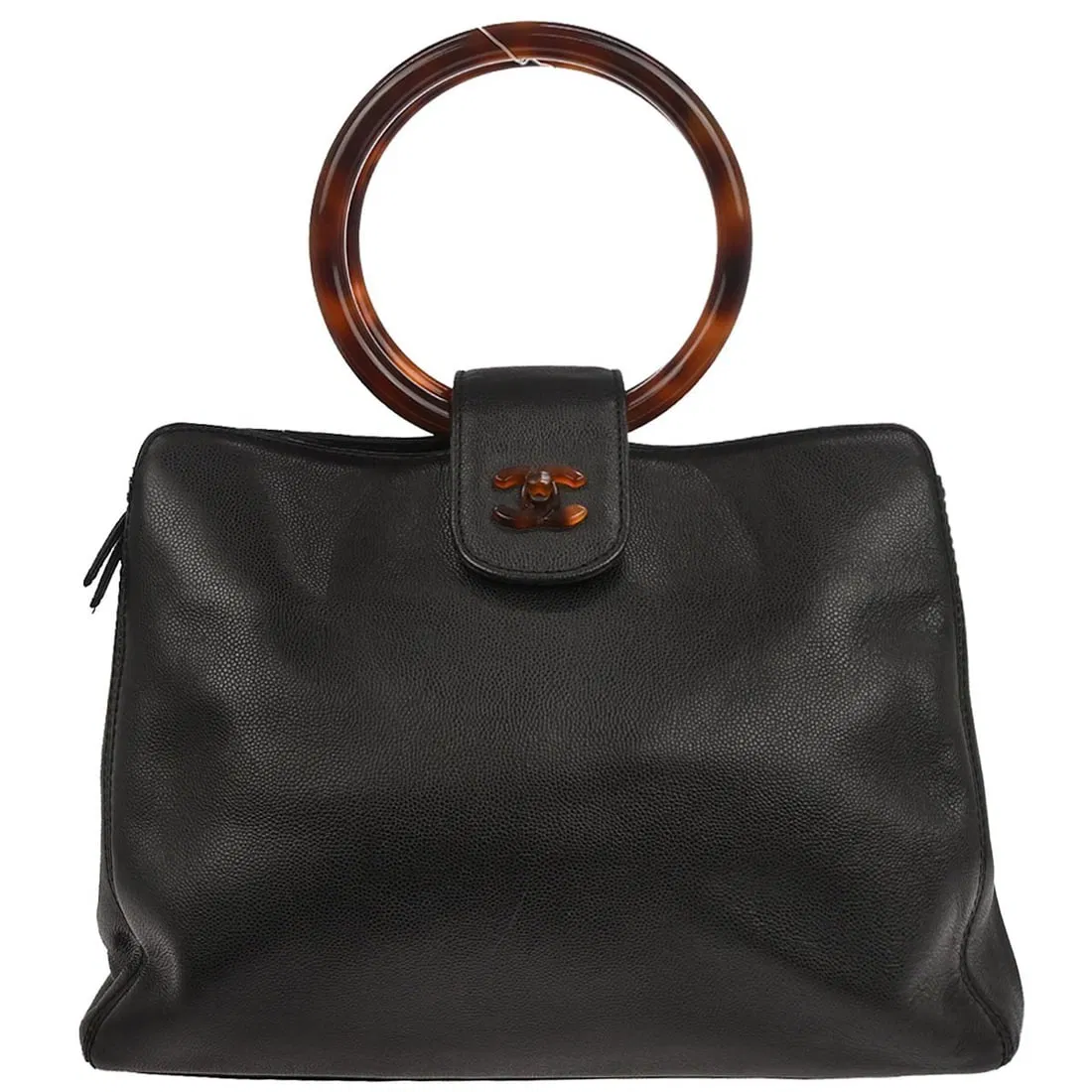 Chanel Caviar Leather Medium Black Top Handle Bag with Logo Accent