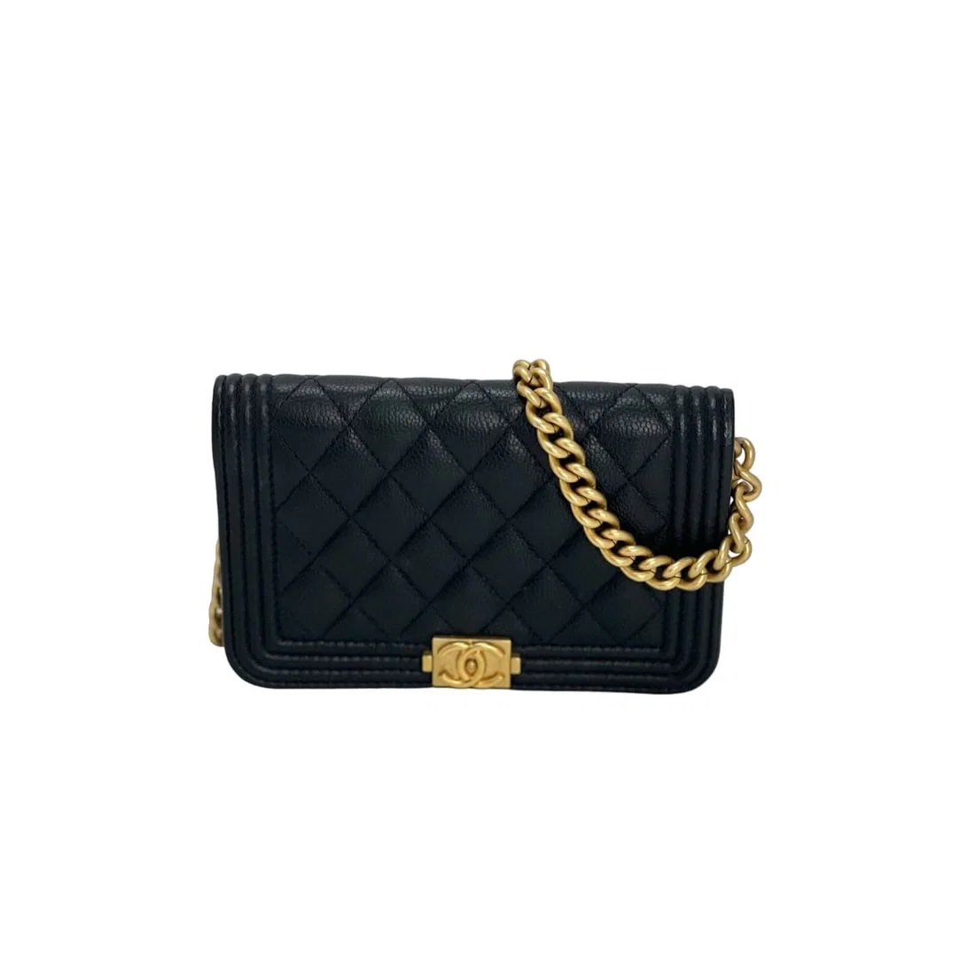 Chanel Caviar Mini Boy Clutch Wallet Antique Gold Hardware Black