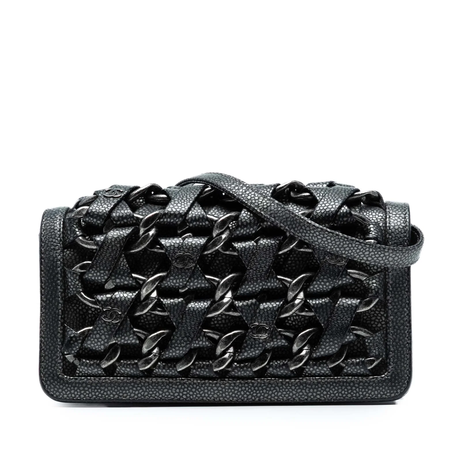 Chanel CC Metallic Caviar Leather Clutch with Interlaced Chain