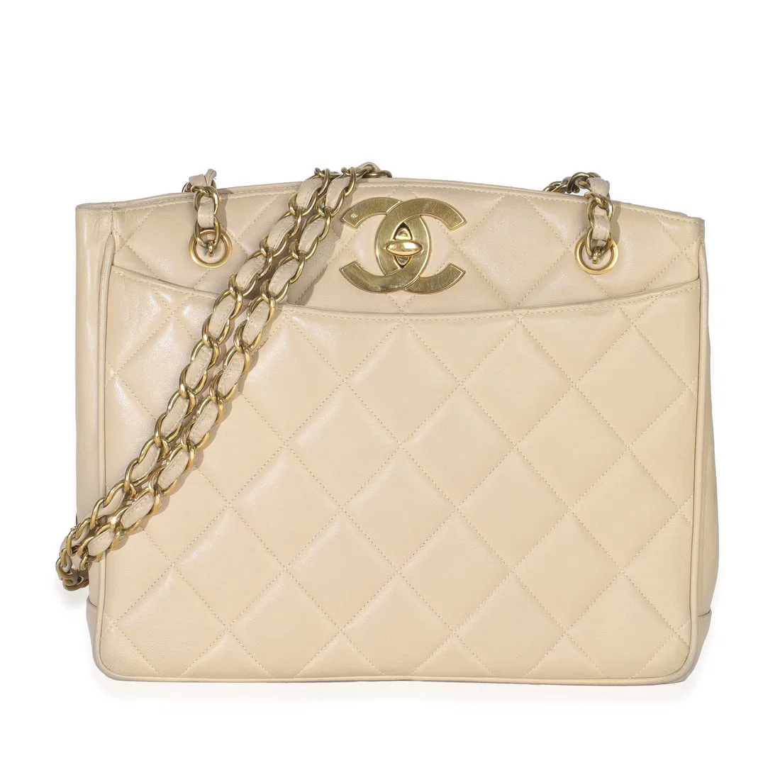 Chanel CC Shoulder Tote Beige Quilted Lambskin Vintage Handbag France