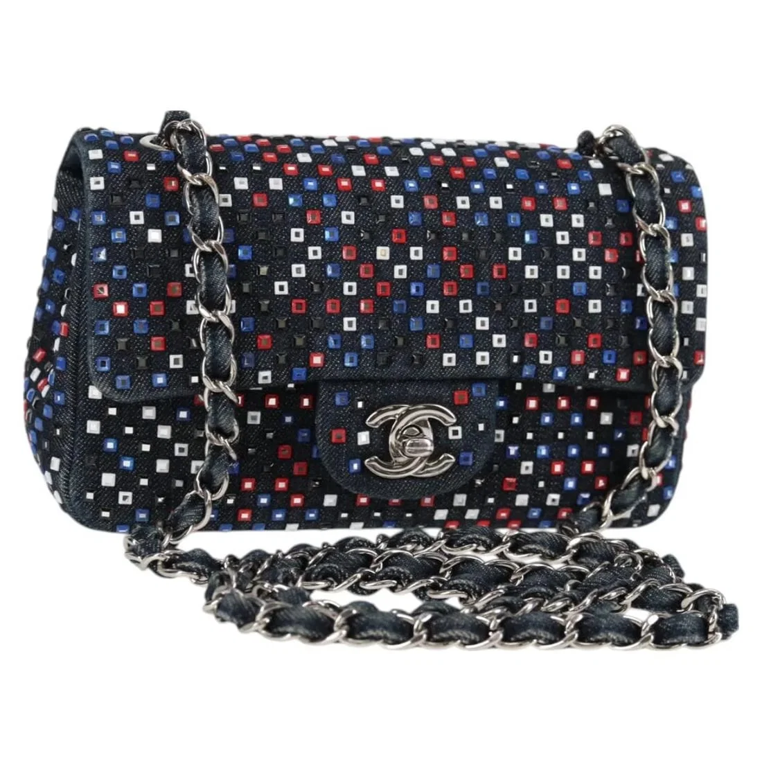 CHANEL CHAIN SHOULDER BAG DENIM NAVY SILVER