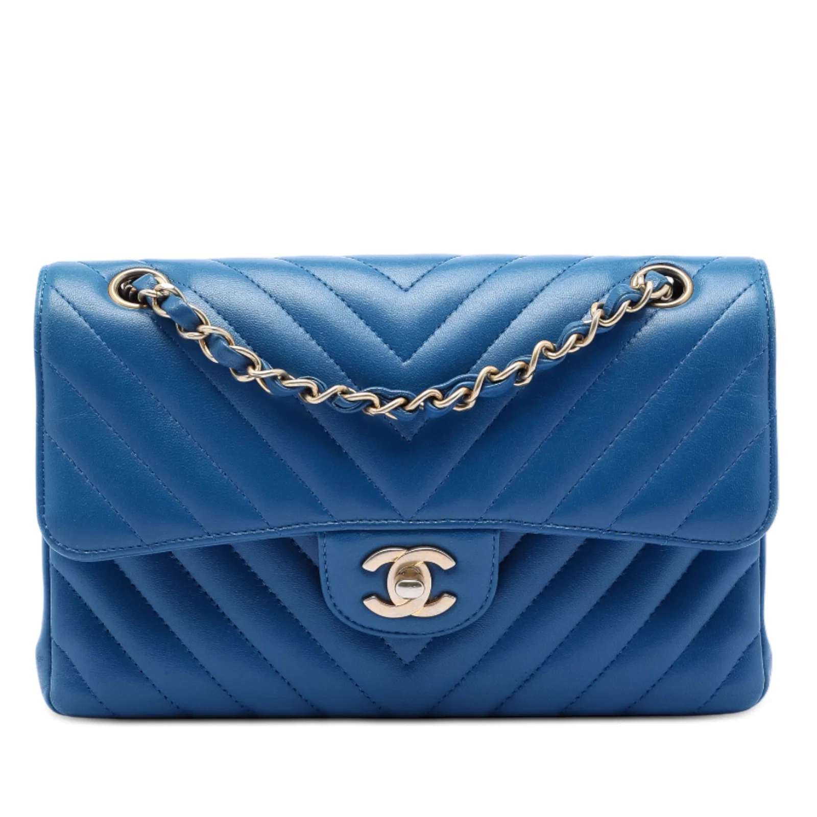 Chanel Chevron Quilted Lambskin Double Flap Small Shoulder Bag Blue