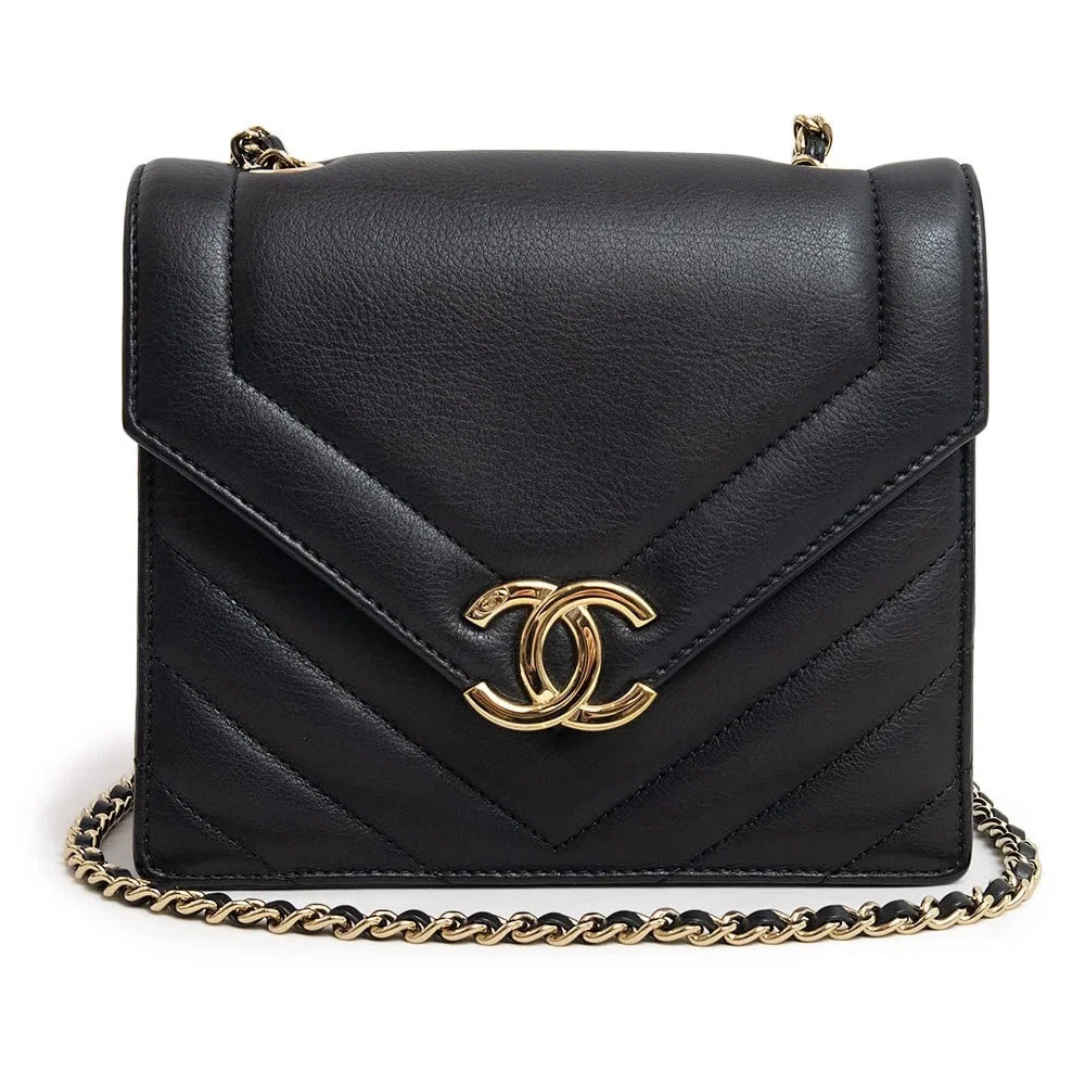 CHANEL CHEVRON V-STITCH CC MARK SHOULDER BAG BLACK