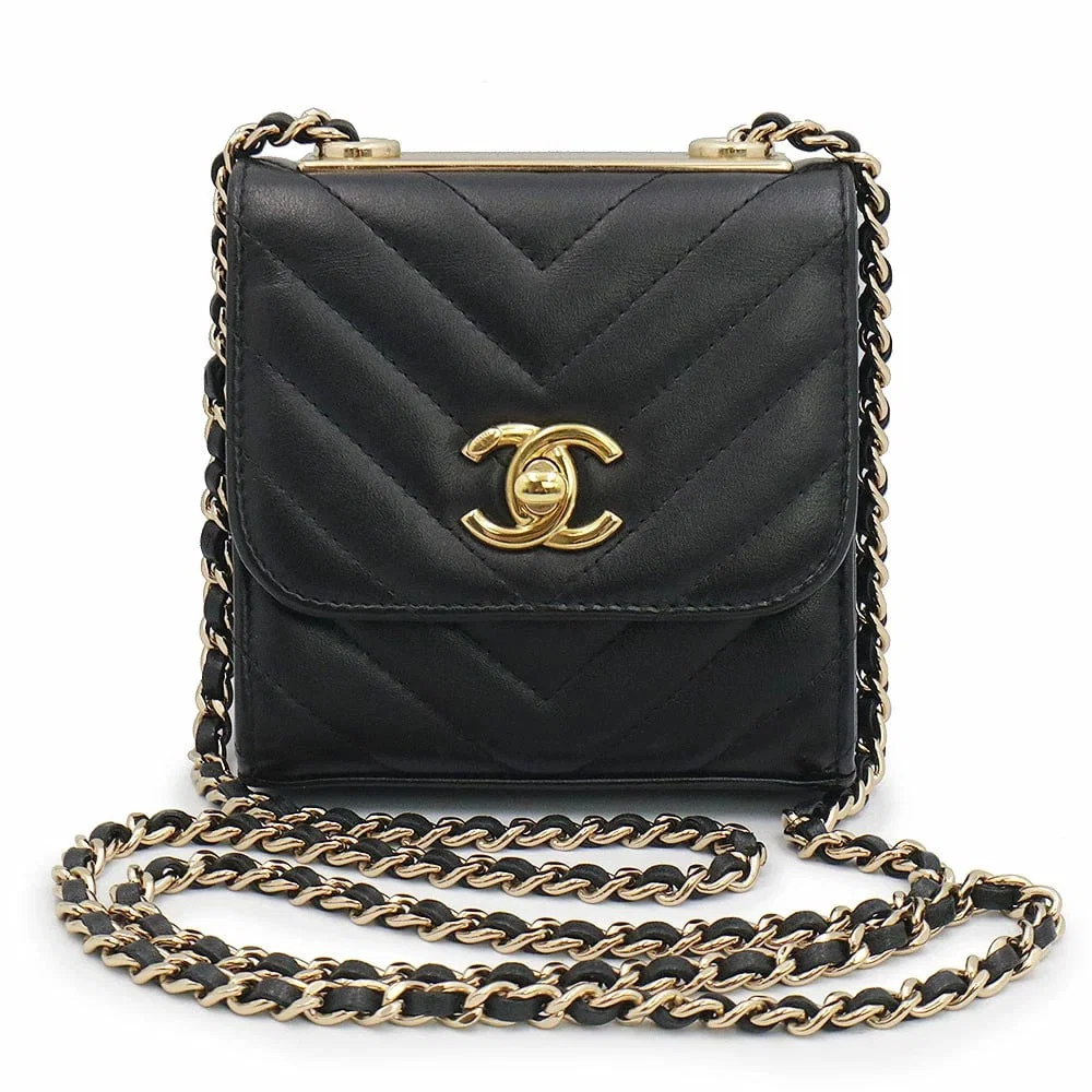 CHANEL CHEVRON V-STITCH MINI CLUTCH SHOULDER BAG BLACK