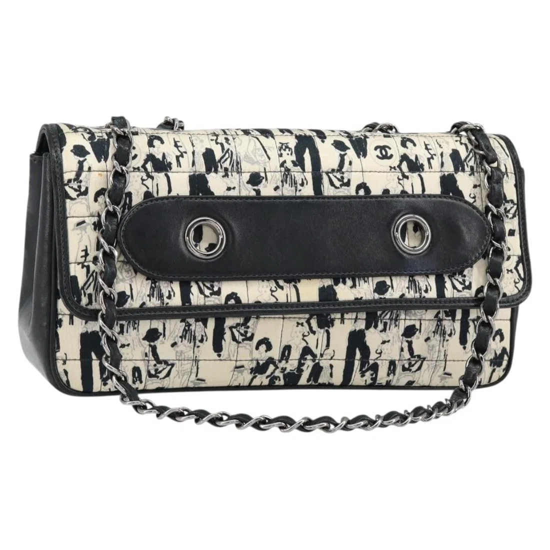 CHANEL Choco Bar Satin Shoulder Bag Black Silver Authentic