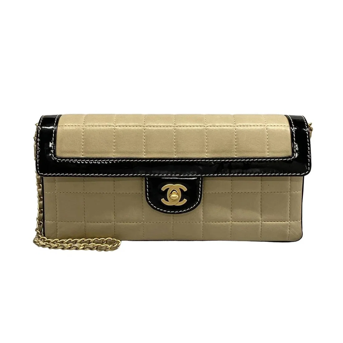 CHANEL CHOCOLATE BAR BEIGE BLACK LAMBSKIN PATENT LEATHER SHOULDER BAG