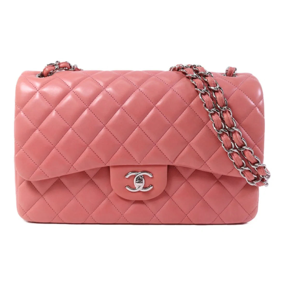Chanel Classic Large Pink Lambskin Shoulder Bag with Silver Chain