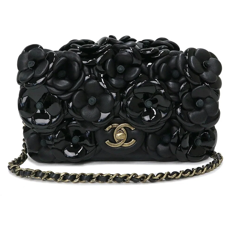 CHANEL COCO MARK MATELASSÉ 20 MINI CAMELLIA SHOULDER BAG BLACK