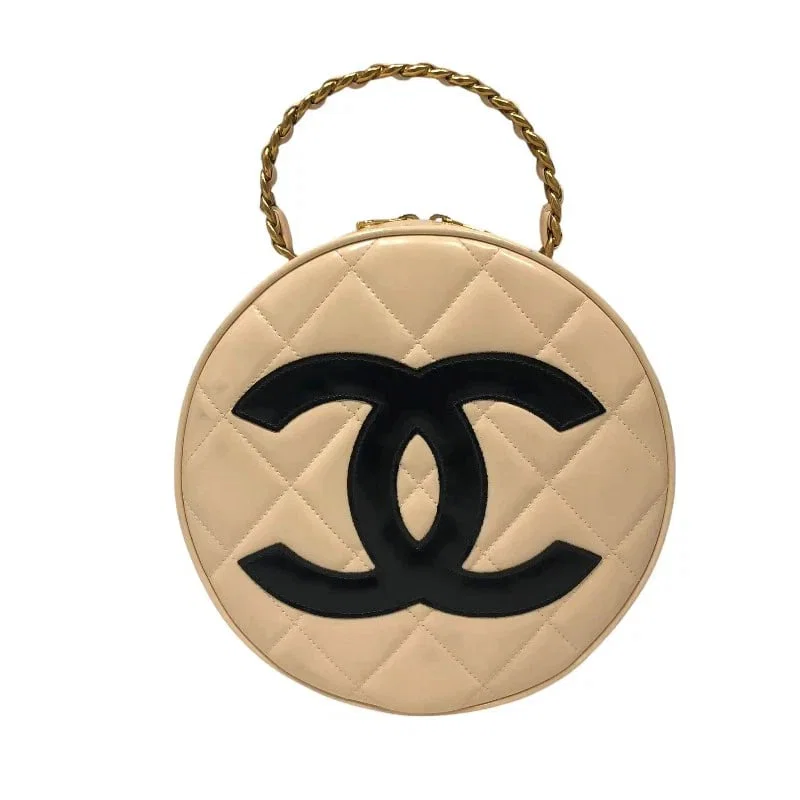 CHANEL COCO MARK ROUND VANITY BAG BEIGE & BLACK GHW ENAMEL SHOULDER BAG