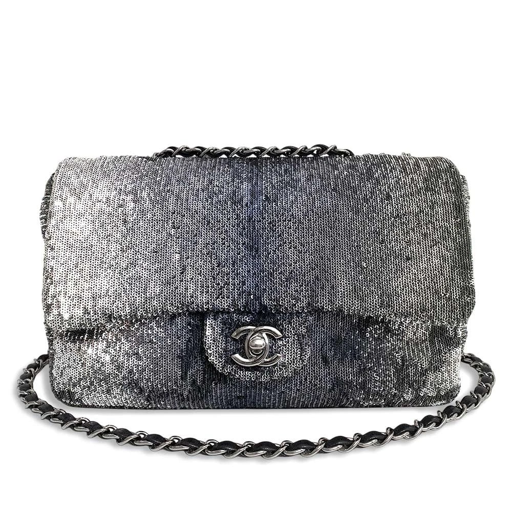 CHANEL COCO MARK SEQUIN SHOULDER BAG SILVER GRAY