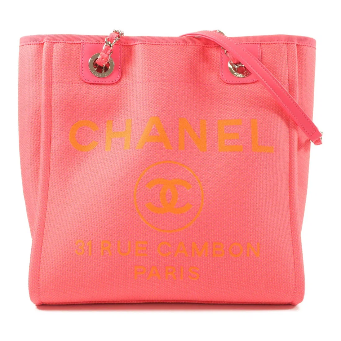Chanel Deauville PM Neon Pink Canvas Chain Shoulder Bag with Silver Hardware