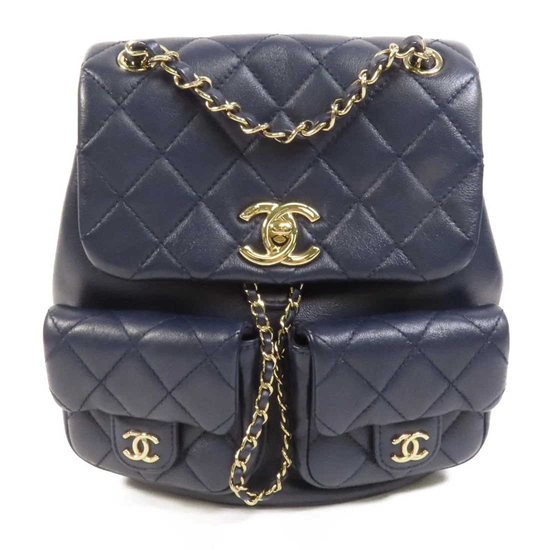 Chanel Duma Navy Calfskin Chain Backpack with Gold Hardware