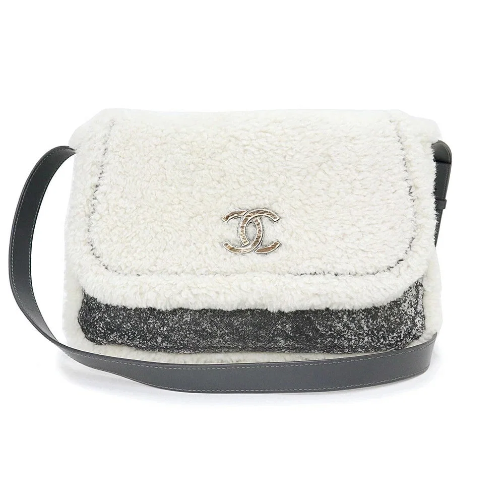 CHANEL EDELWEISS COCO MARK SHOULDER BAG MOUTON WHITE GRAY