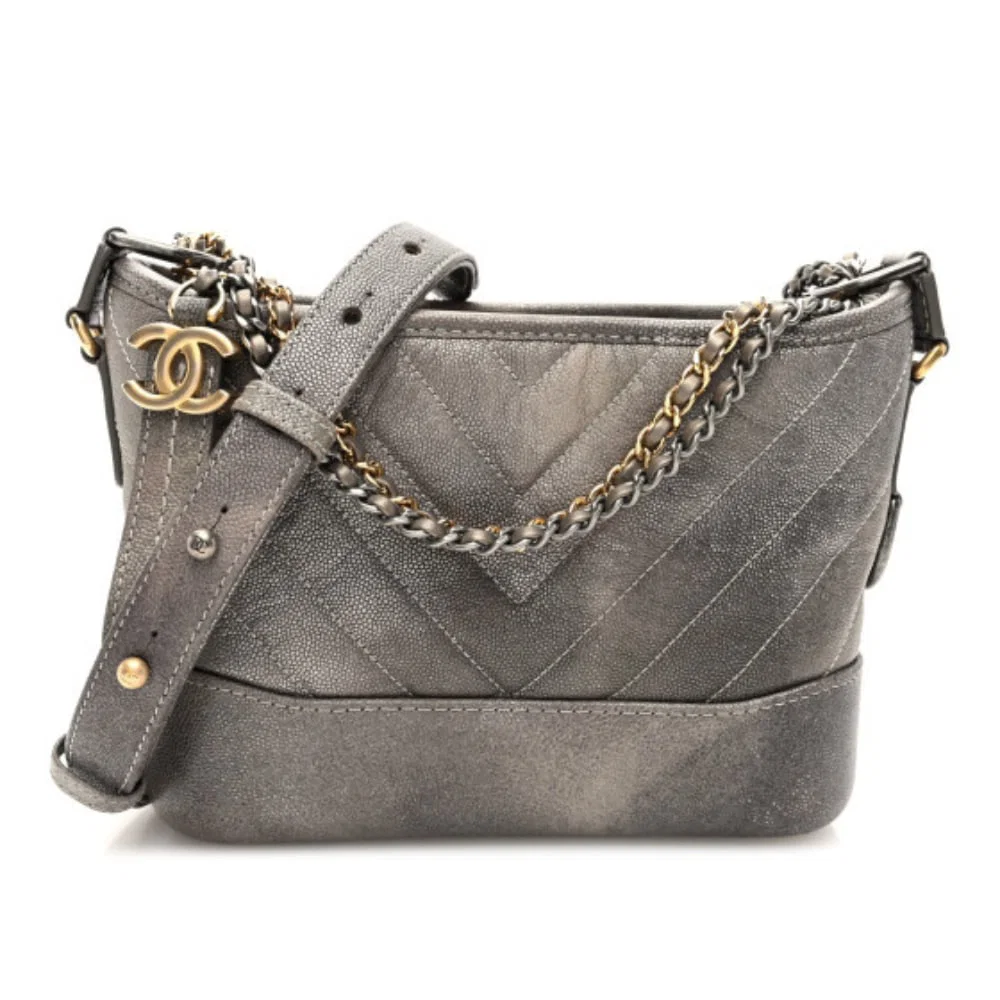 Chanel Gabrielle Hobo Metallic Silver Chevron Leather Shoulder Bag