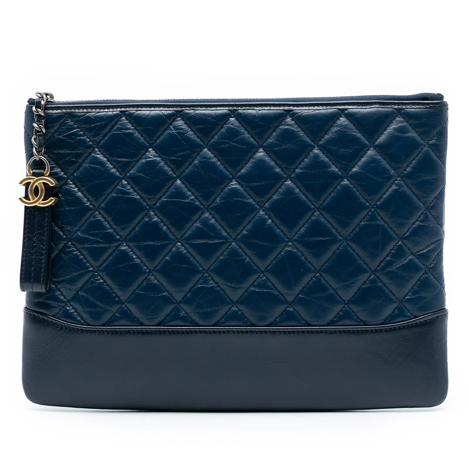 Chanel Gabrielle O Case Medium Blue Quilted Leather Clutch Bag