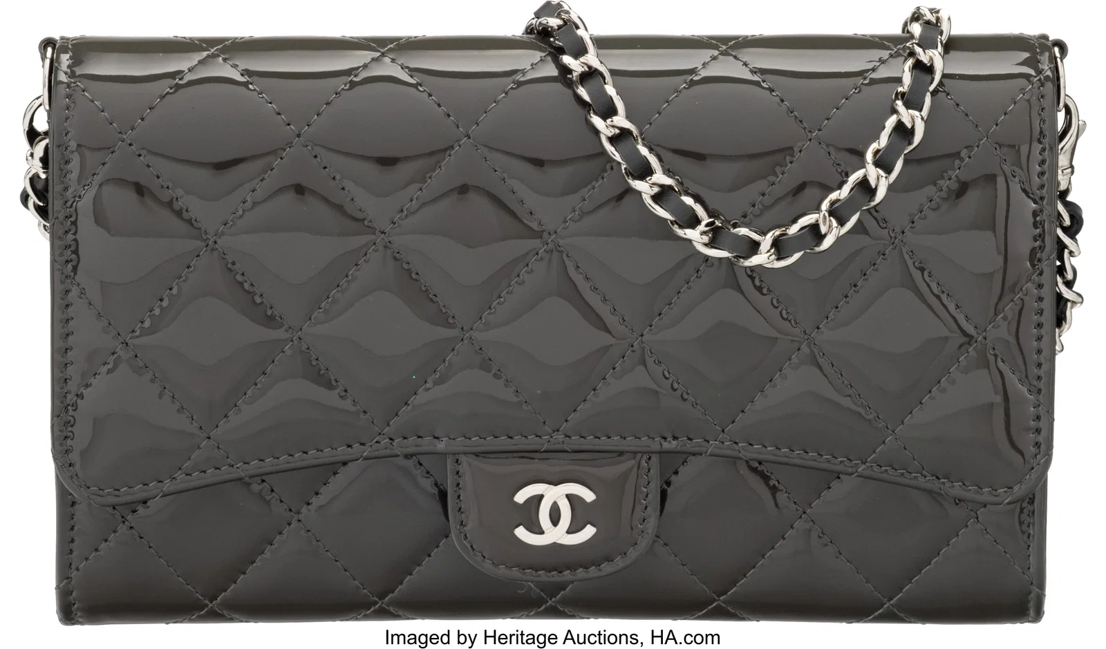 Chanel Gray Quilted Patent Leather Wallet On Cha