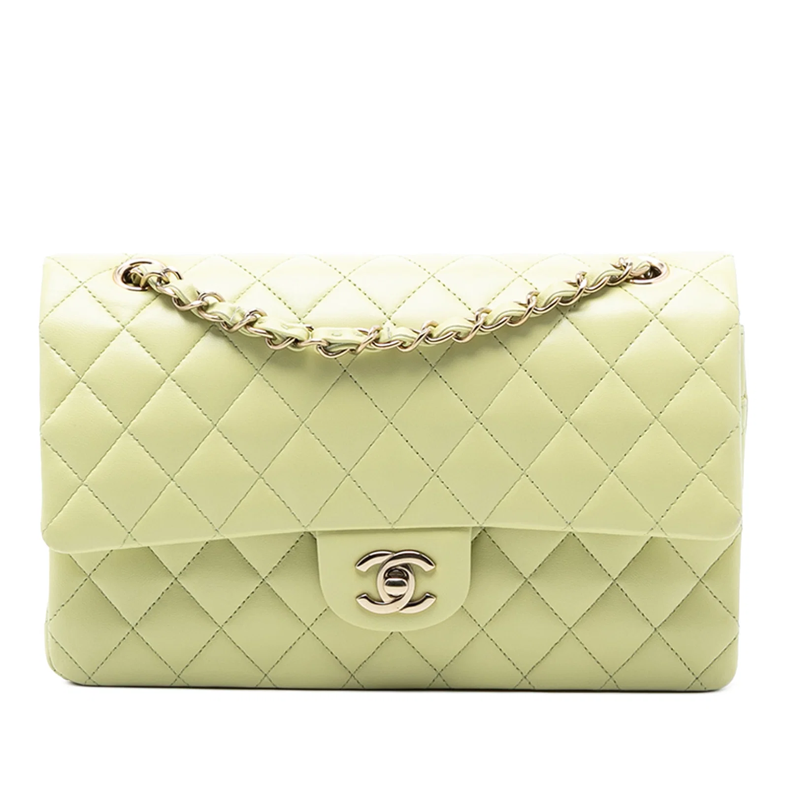 Chanel Green Quilted Lambskin Leather Medium Double Flap Shoulder Bag