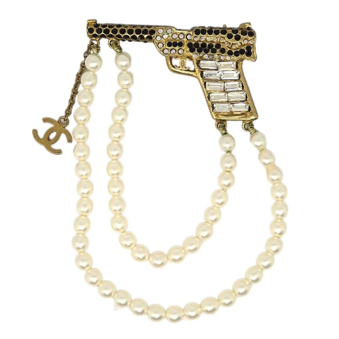 CHANEL GUN BROOCH PIN RHINESTONE ARTIFICIAL PEARL GOLD