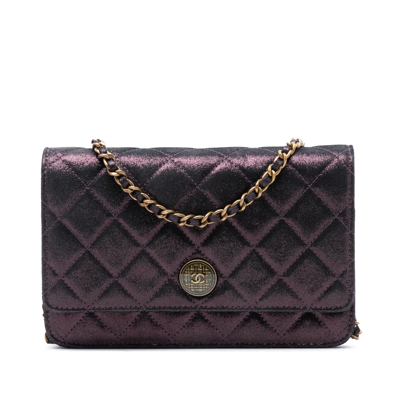Chanel Iridescent Quilted Lambskin Tartan Wallet on Chain with Gold Chain Strap