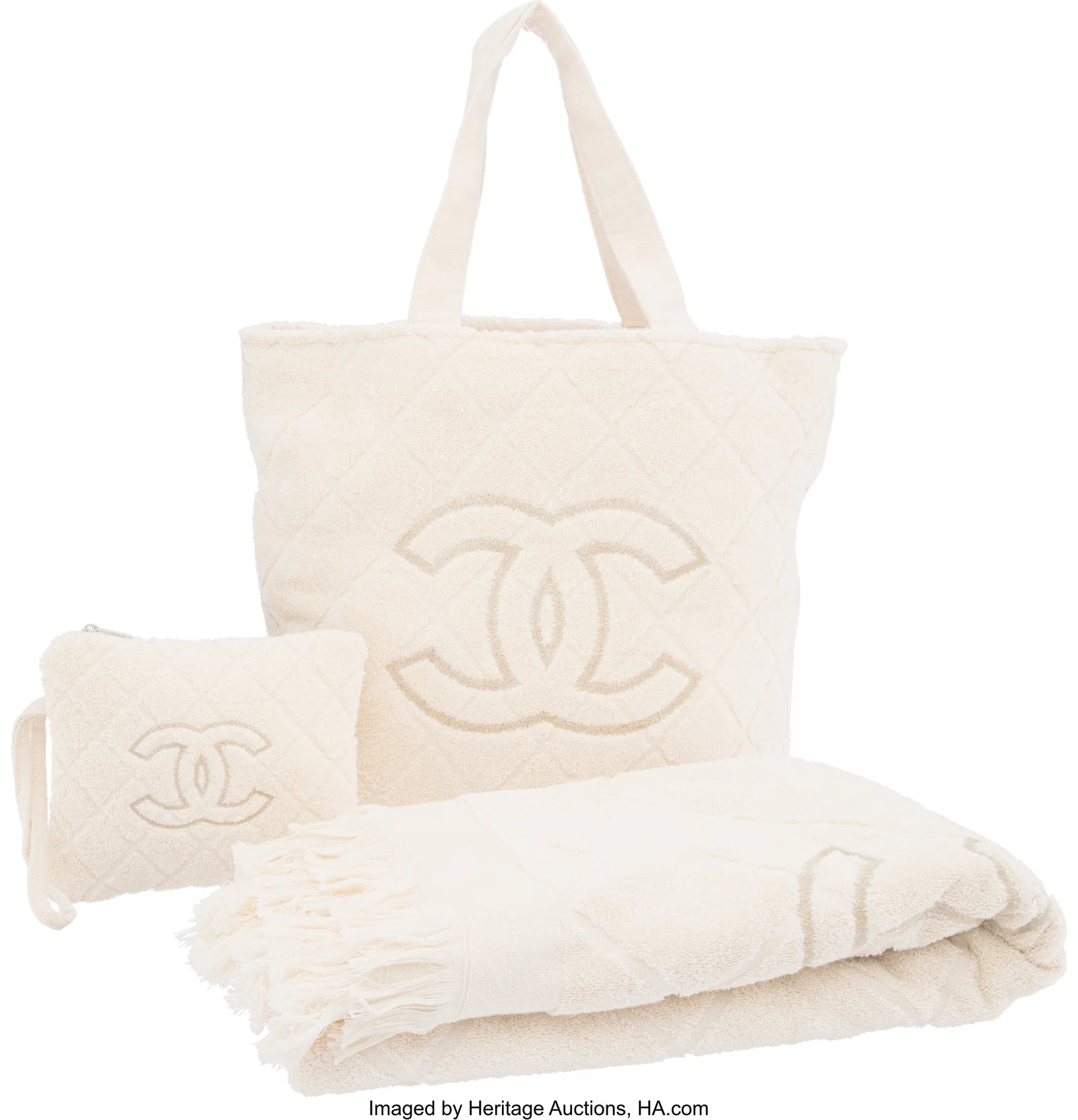 Chanel Ivory Terrycloth Beach Tote Bag & Towel S