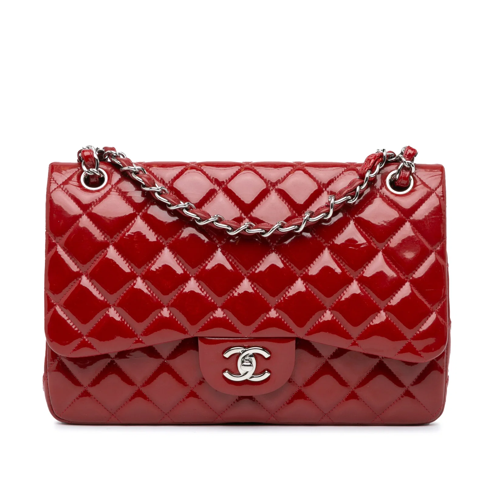 Chanel Jumbo Classic Patent Double Flap Red Leather Handbag