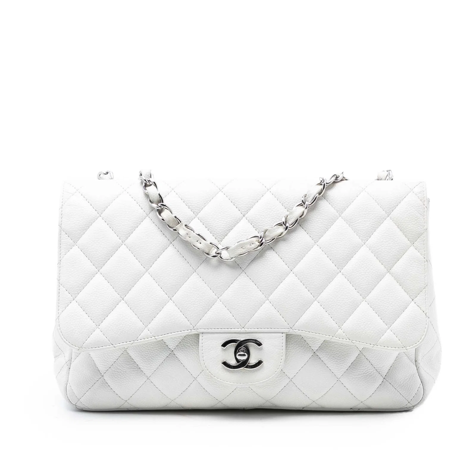 Chanel Jumbo Classic White Quilted Caviar Leather Single Flap Shoulder Bag