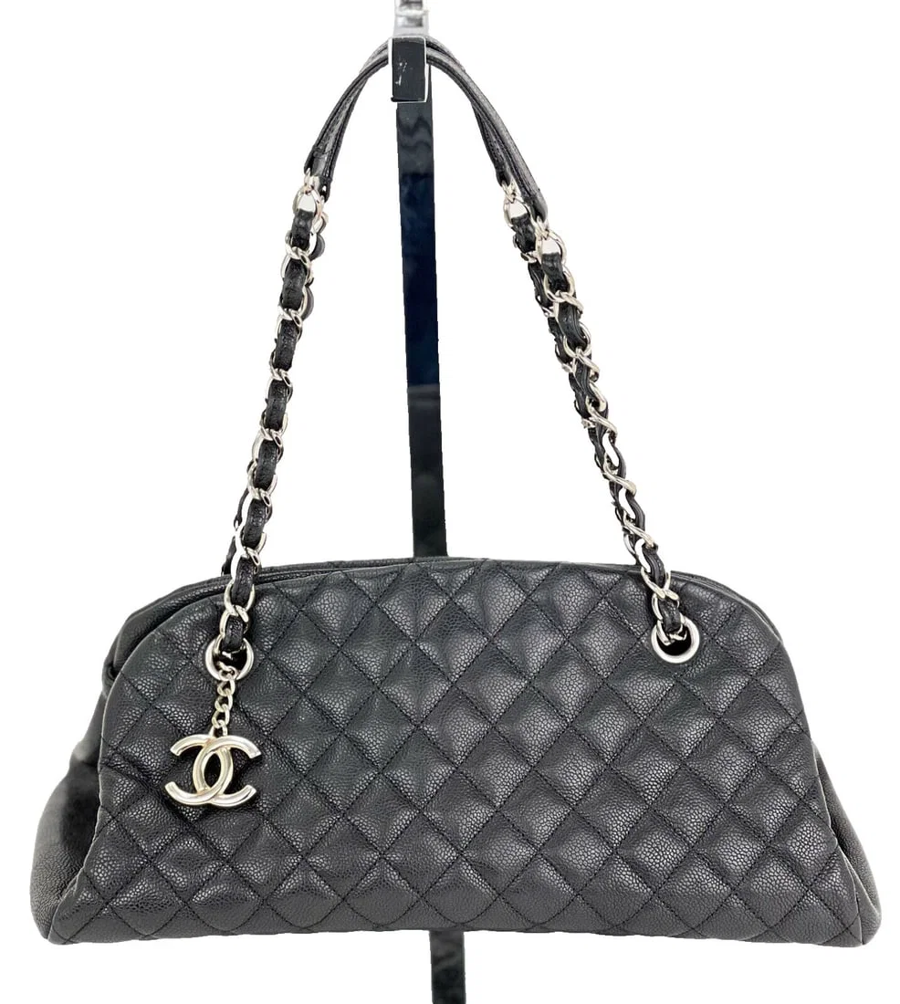 CHANEL Mademoiselle Quilted Caviar Black Leather Shoulder Bag with Charm