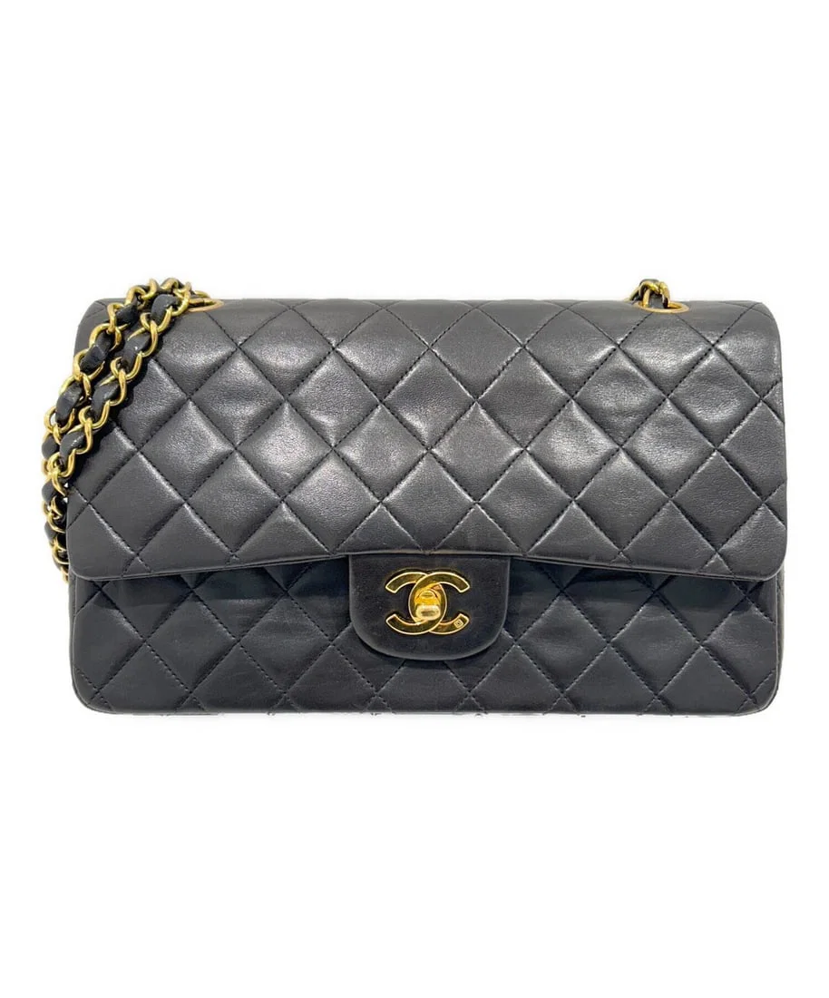 CHANEL MATELASSÉ 25 / BLACK / DOUBLE FLAP CHAIN SHOULDER BAG