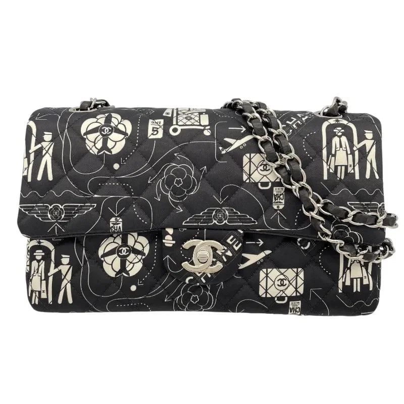 CHANEL MATELASSÉ 25 ICON PRINT BLACK SHW SATIN SHOULDER BAG