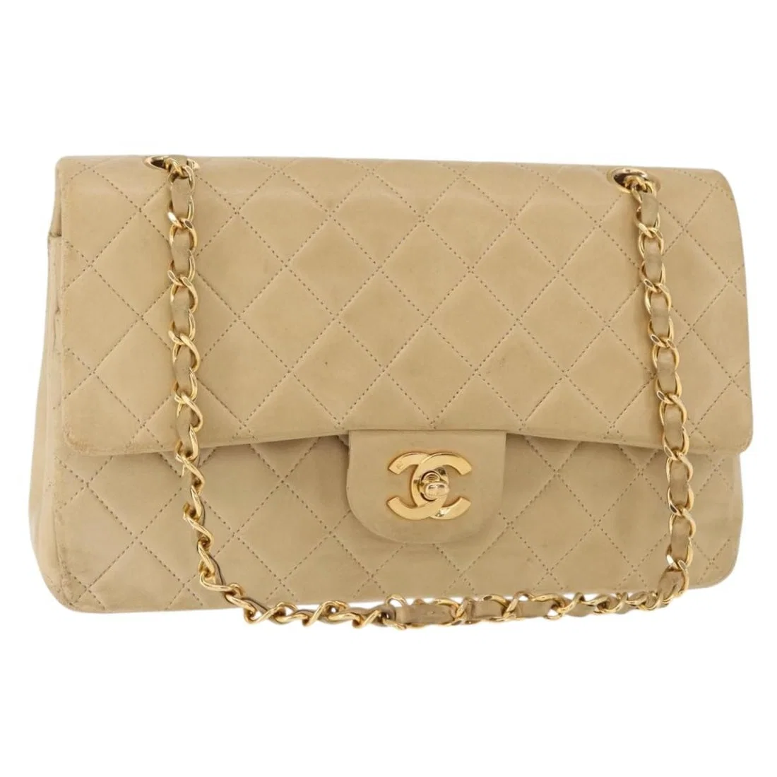CHANEL Matelasse 25 Shoulder Bag Lamb Skin Beige Gold Auth