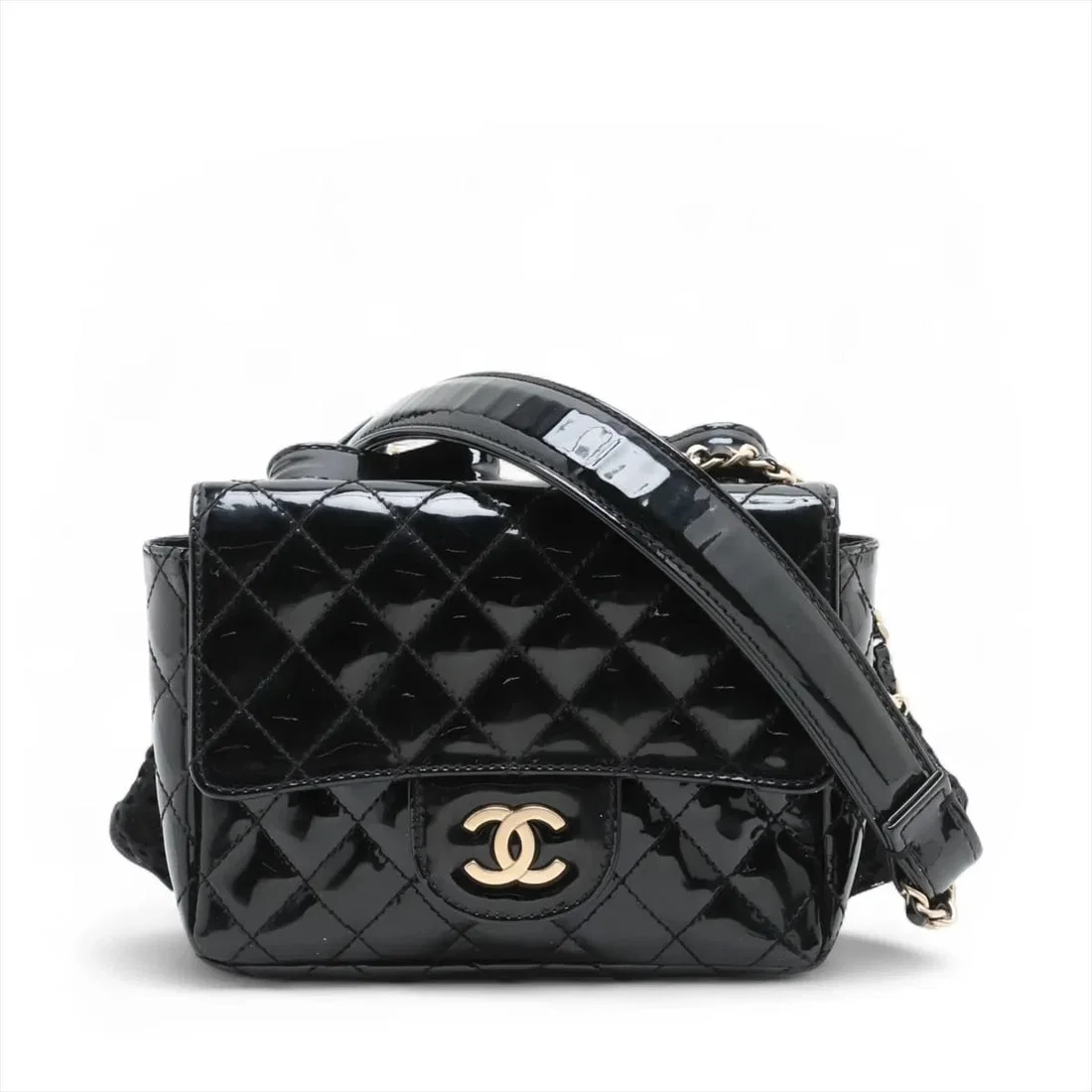 CHANEL MATELASSE PATENT LEATHER X COTTON CHAIN SHOULDER BAG