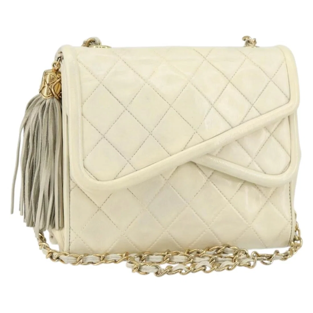 CHANEL Matelasse White Gold Lambskin Shoulder Bag Auth 1302126