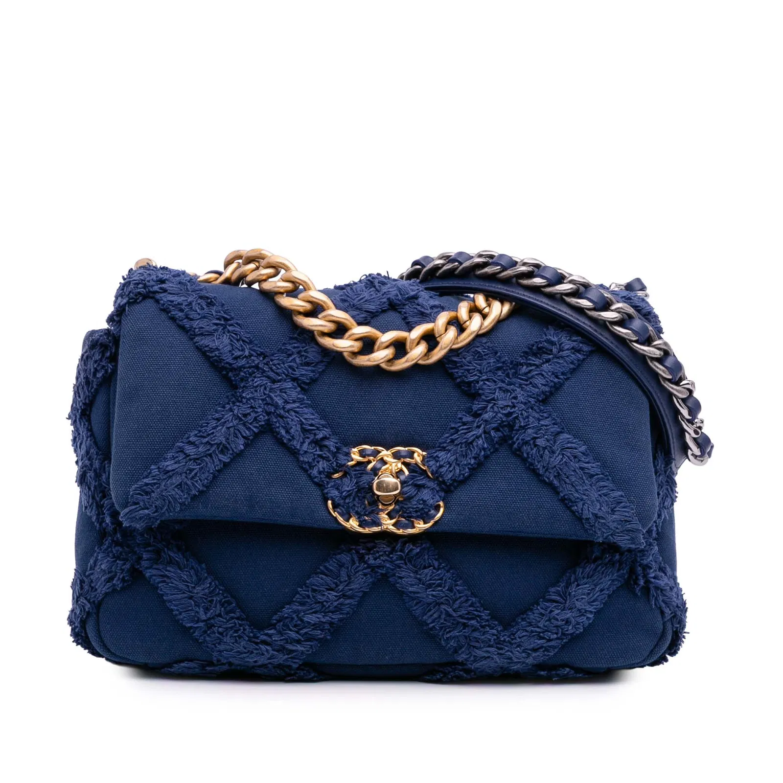 Chanel Medium 19 Flap Blue Canvas Cotton Bag with Gold Chain