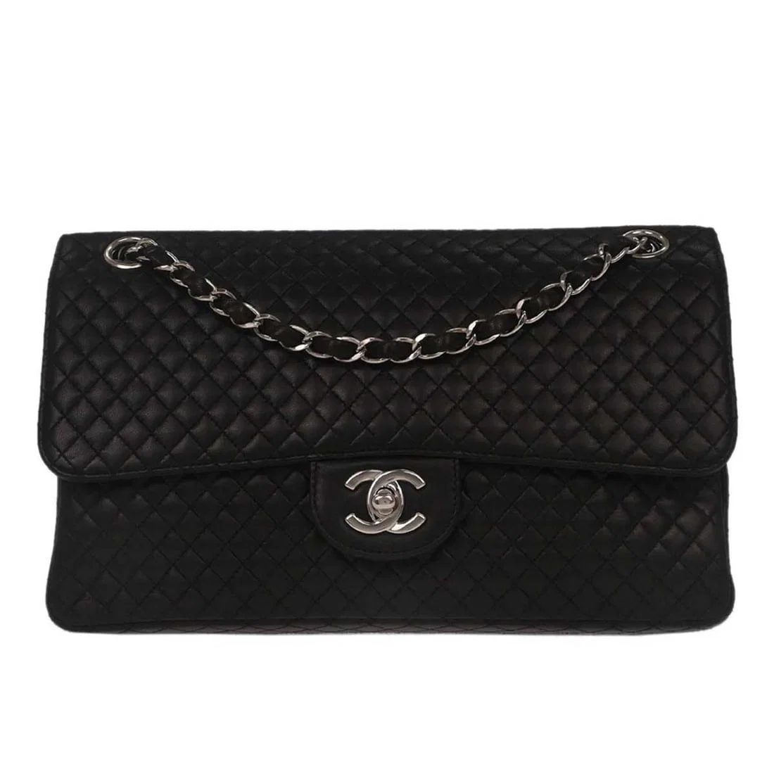 Chanel Medium Black Leather Shoulder Bag with Turn Lock Closure
