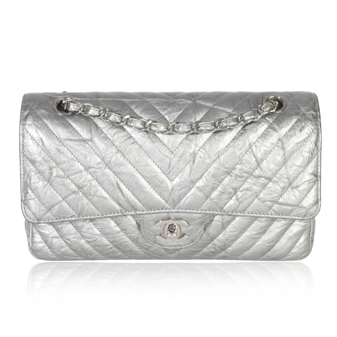 Chanel Medium Double Flap Silver Patent Chevron Shoulder Bag