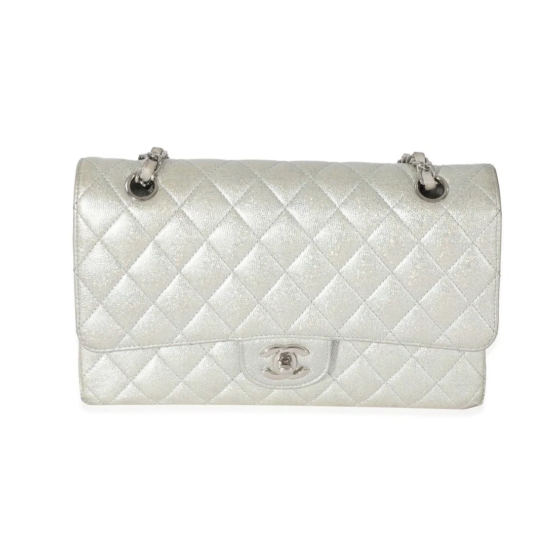 Chanel Medium Metallic Silver Caviar Leather Classic Double Flap Bag with Box