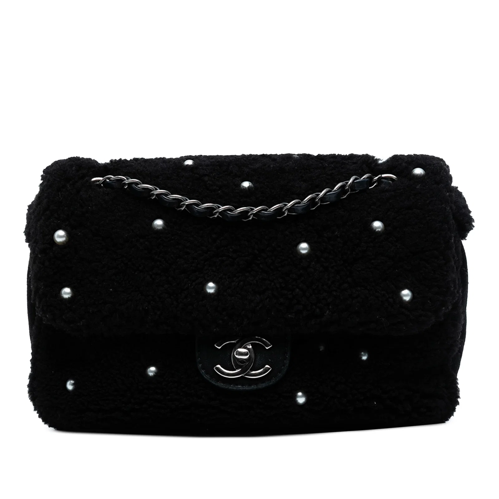 Chanel Medium Shearling Pearl Studded Flap Black Shoulder Bag