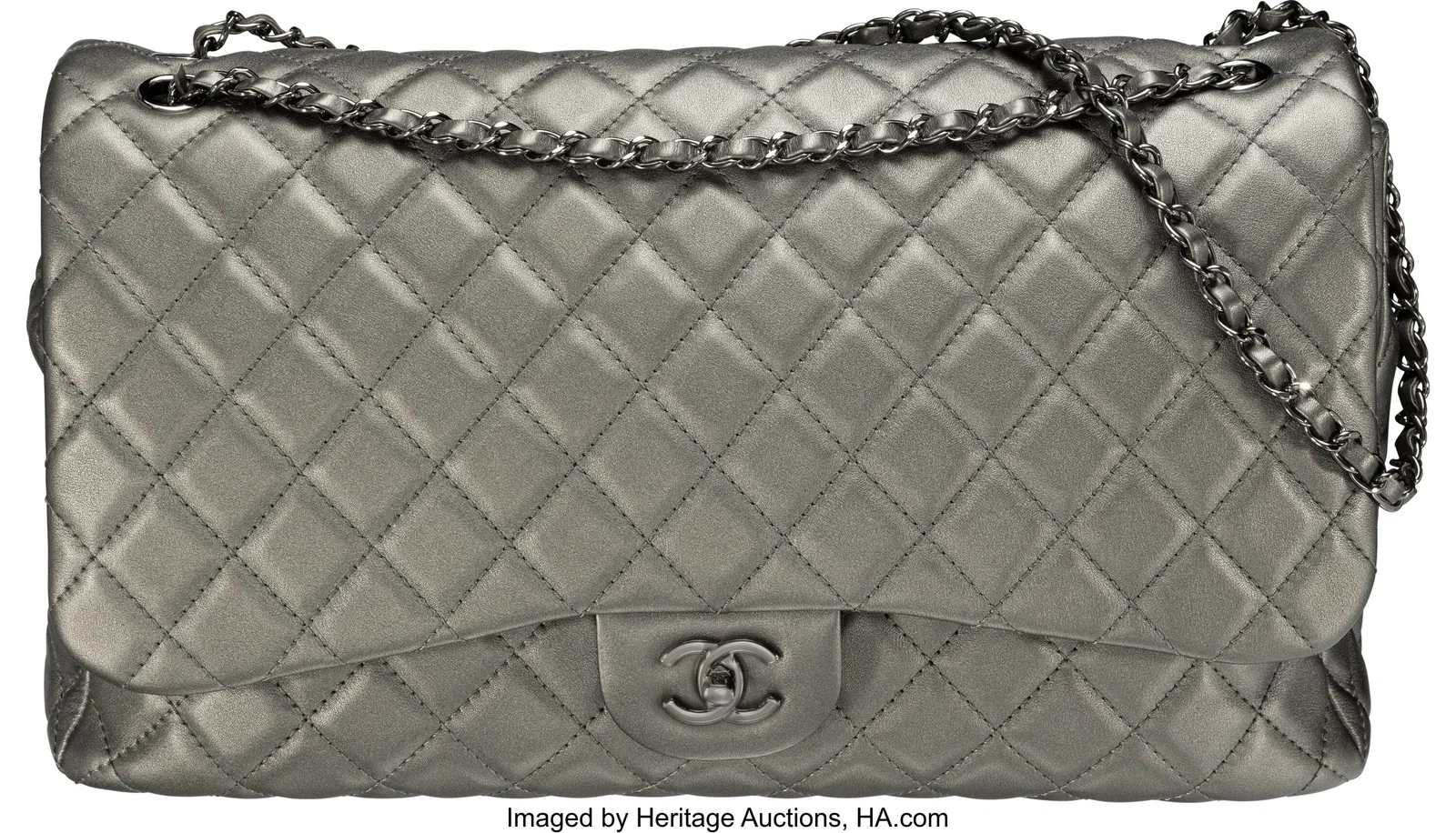 Chanel Metallic Gunmetal Quilted Leather XXL Cla