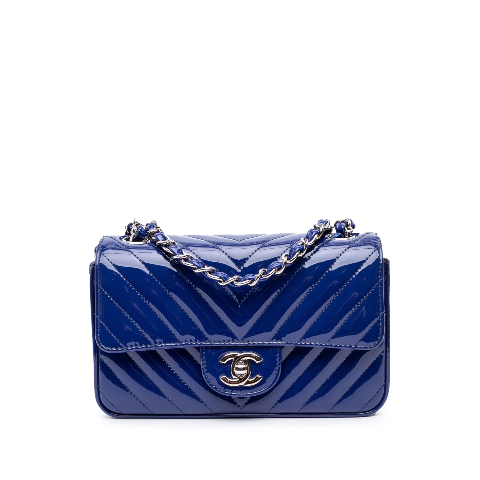 Chanel Mini Rectangular Chevron Patent Leather Blue Crossbody Bag