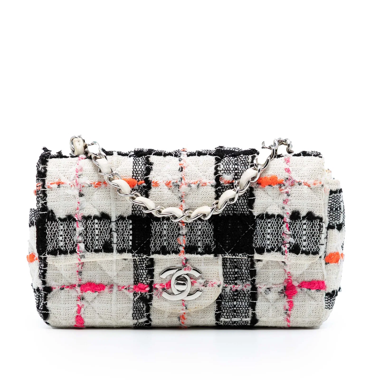 Chanel Mini Rectangular Classic Tweed Check Flap Bag White Fabric