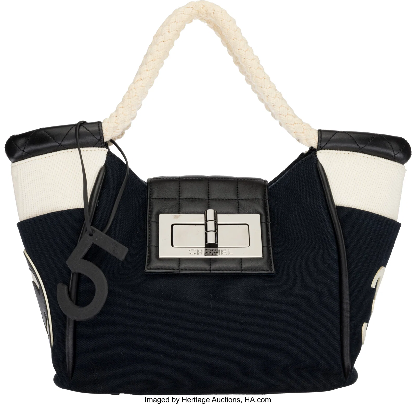 Chanel Navy Blue Canvas & Black Leather Rope Cab