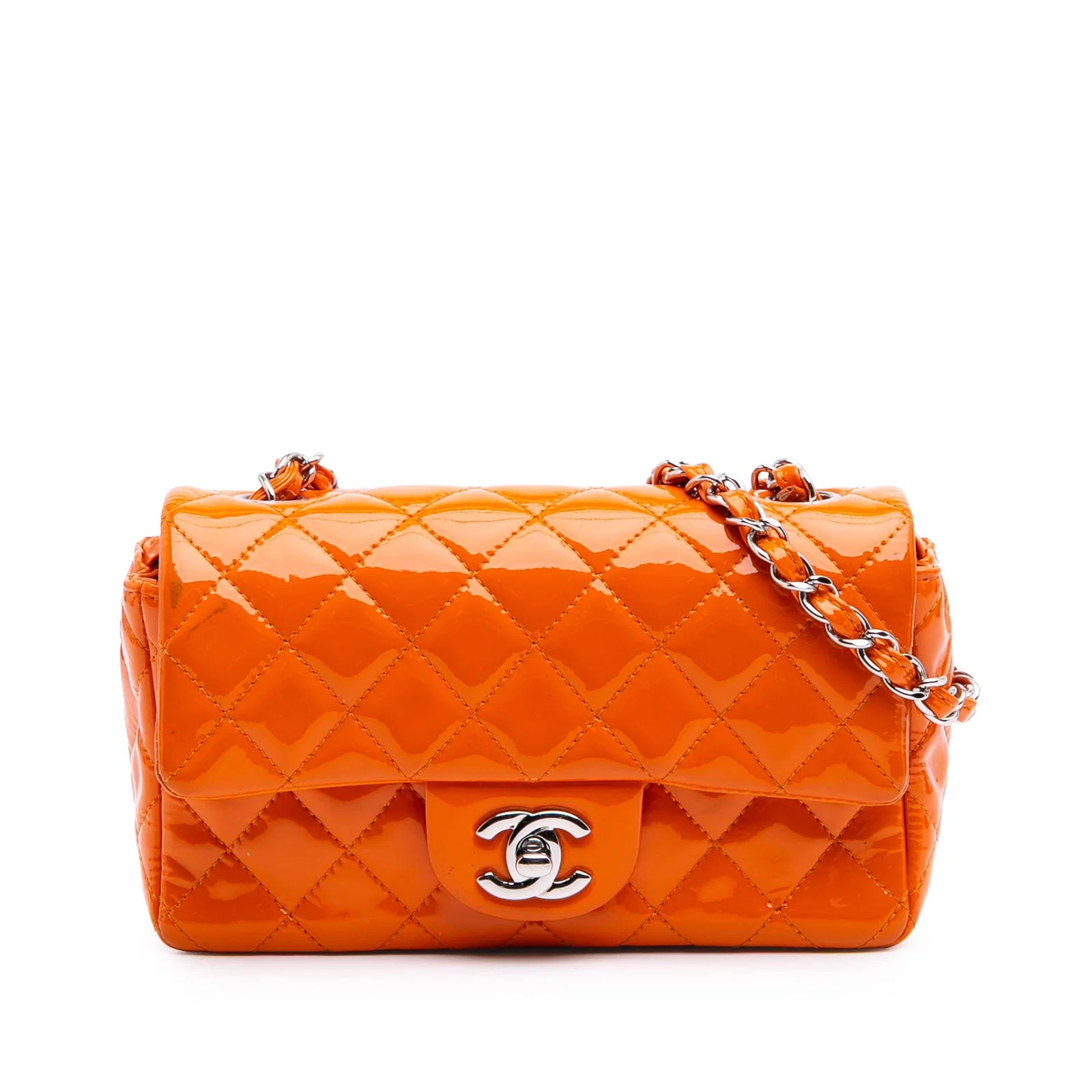 Chanel Orange Patent Leather Mini Rectangular Quilted Crossbody Bag