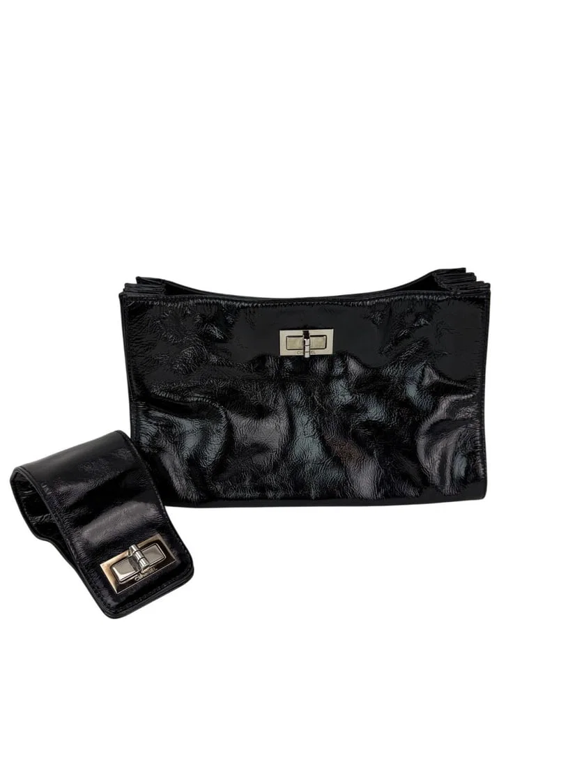 Chanel Patent Mademoiselle Black Convertible Clutch Bag